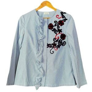Suno Striped Embroidered Floral Ruffle Blouse Size Small